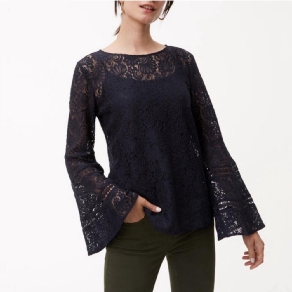 Loft Floral Mesh Lace Bell Sleeve Flowy Boho Navy Blue Top Blouse Size Large